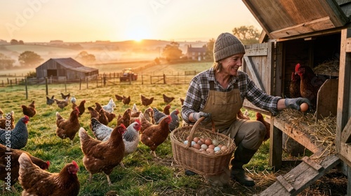 A woman in a field with chickens, picking eggs from a chicken coop.