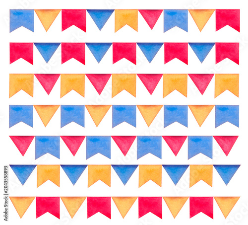 Foto Set of colorful carnival flags, garland of red, blue and yellow flags hand-drawn