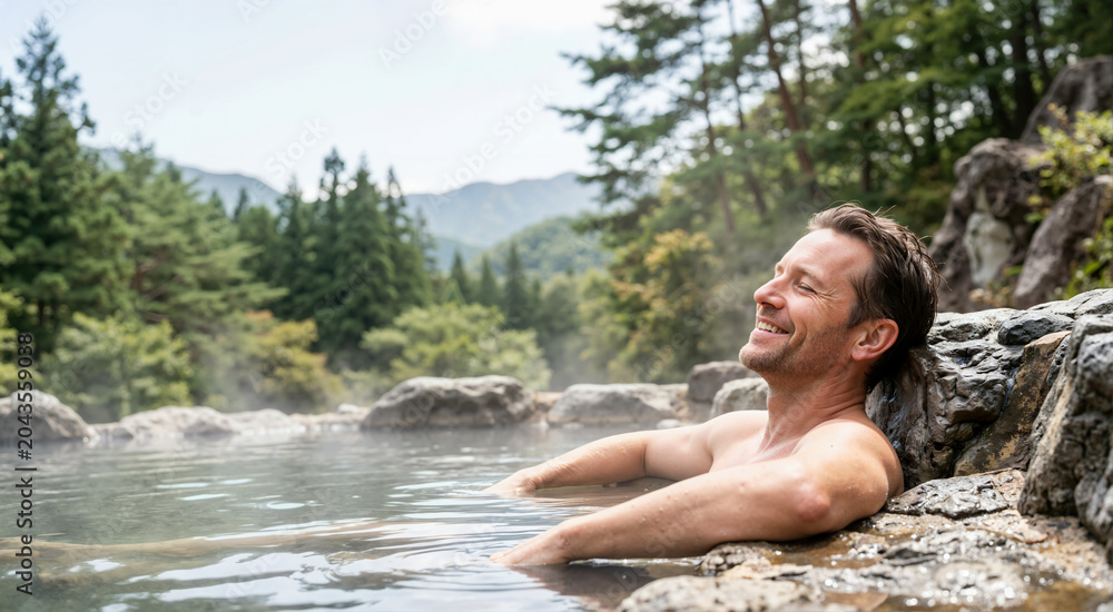 Fototapeta premium Smiling man relaxing in outdoor natural hot spring. Adult male soaking in steamy thermal pool surrounded by forest and mountains