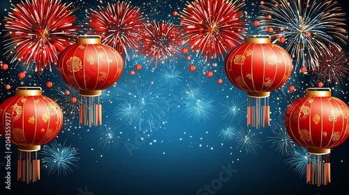 Chinese New Year Background with Red Lanterns and Fireworks