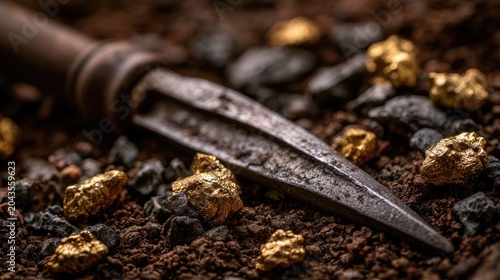A pickaxe tip rests among scattered gold nuggets and dark ore