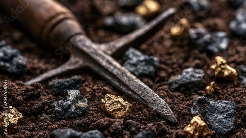 Pickaxe head resting on soil, surrounded by scattered dark rocks and gold nuggets
