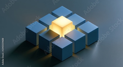 Illuminated center cube surrounded by matte blue cubes in a geometric arrangement