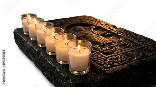 Row of burning candles on an ancient carved stone slab isolated