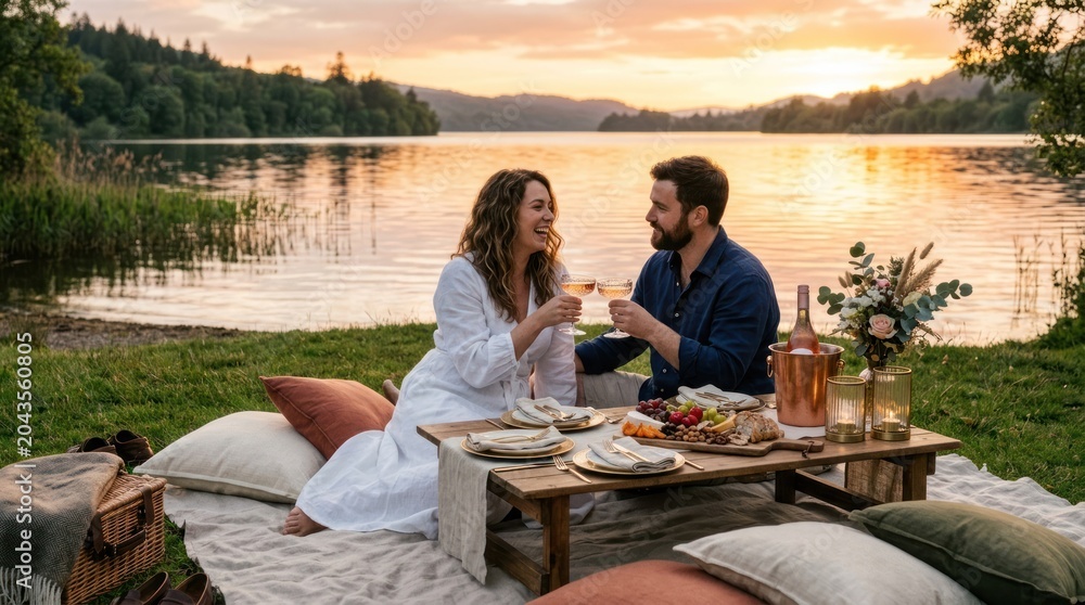 Fototapeta premium A couple enjoying a romantic picnic by a serene lake at sunset.