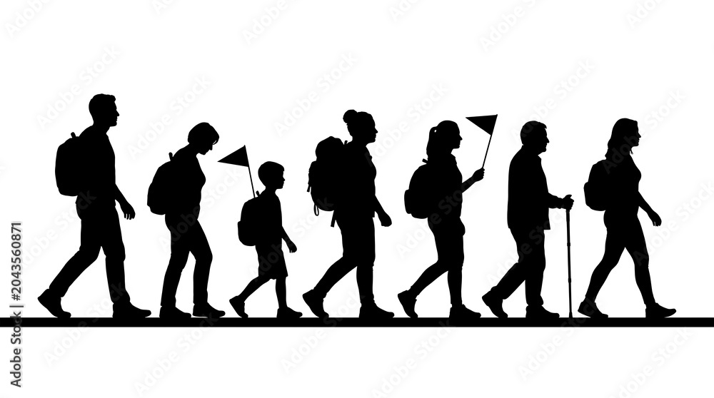 Obraz premium Silhouettes of People Hiking and Walking in a Row