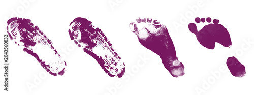 Obraz na płótnie Purple footprints set of various shapes featuring human baby feet and boot marks isolated on transparent background for creative graphic design projects and art work