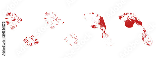 Fotografía Bloody shoe prints isolated on transparent background illustrating criminal investigation scene or forensic evidence collection for forensic crime scene research report