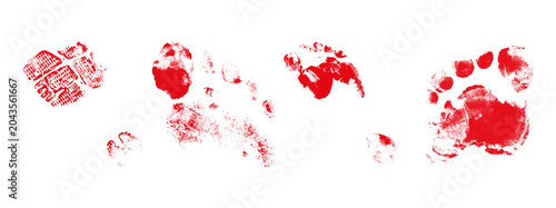 Billede på lærred Red bloody monster foot prints set on transparent background isolated creepy alien track collection horror muddy paw trail silhouette zombie footprint set wildlife tracks
