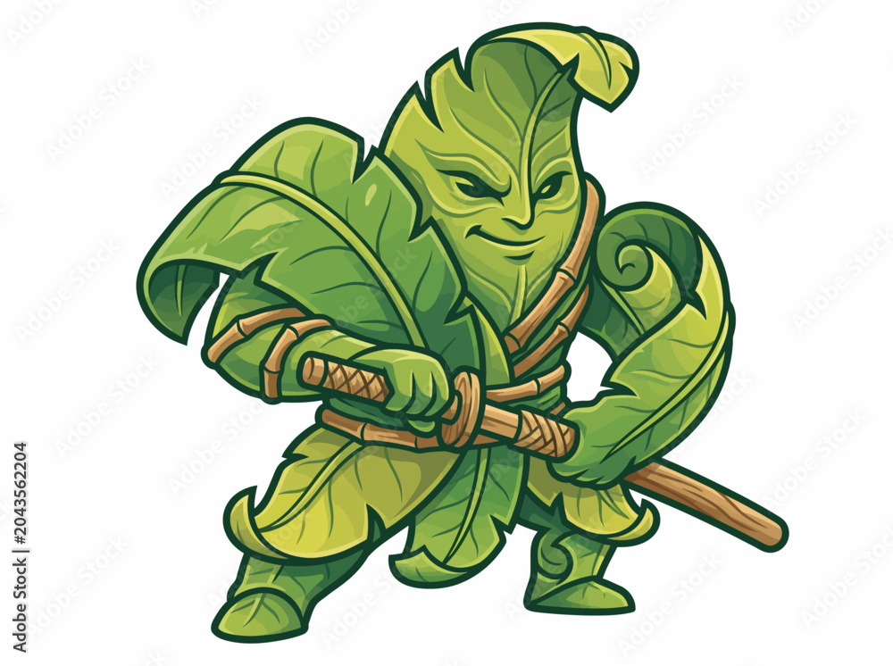 Fototapeta premium Cartoon Leaf Samurai Warrior with Sword, Nature Guardian