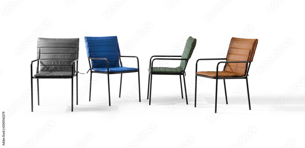 Fototapeta premium A set of modern black metal chairs with various colorful fabric cushions. Industrial-style armchairs featuring quilted seat pads in green, blue, brown, and grey, arranged in different angles, isolated