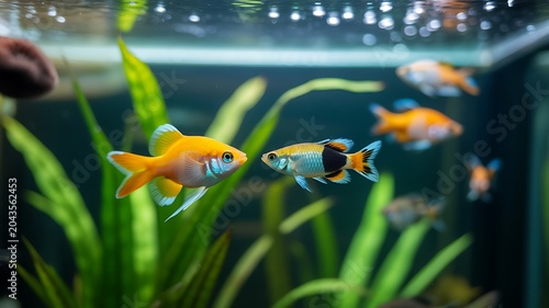 A close-up aquarium photograph shows colorful fish swimming near plants