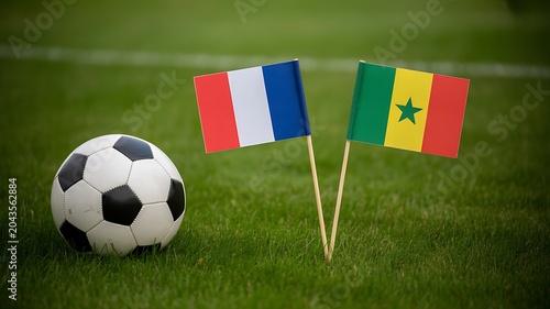 A soccer ball on a green field with France and Senegal flags