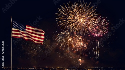 American flag waving against a dark night sky filled with vibrant fireworks display