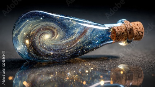 Surreal action of cork popping from glass bottle containing swirling galaxy studio setting macro photography creative concept