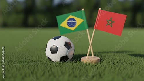 Brazil and Morocco flags stand beside a soccer ball on grass
