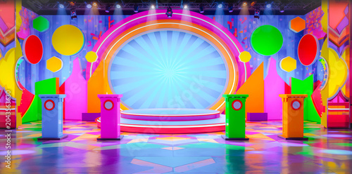 Colorful game show set four podiums circular stage television studio