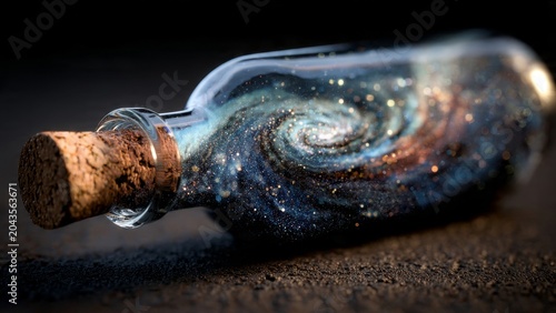 Surreal action of cork popping from glass bottle containing swirling galaxy studio setting macro photography creative concept
