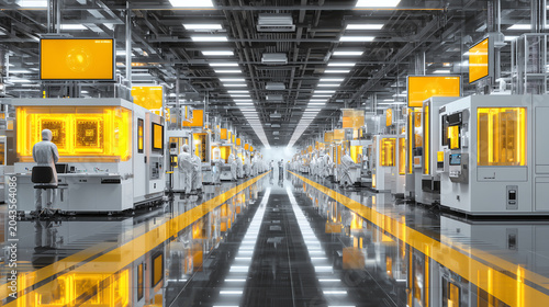 Wide view of rows of yellow lit photolithography bays in a semiconductor chip fabrication cleanroom with gowned workers and glossy reflective floors stretching into the distance