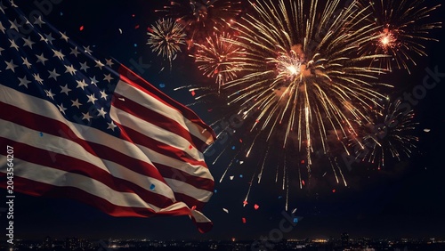 Close-up of a waving american flag with a dynamic fireworks show in the background
