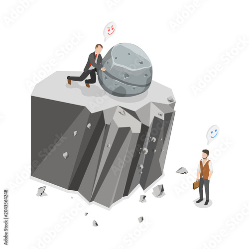 Canvastavla 3D Isometric Flat  Illustration of Sabotage, Businessman Using Rock To Eliminate