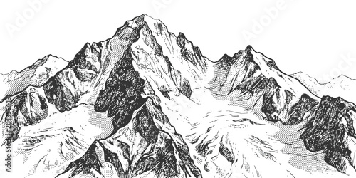 Foto Black and white ink sketch drawing of high snowy mountain peaks with rocky cliff