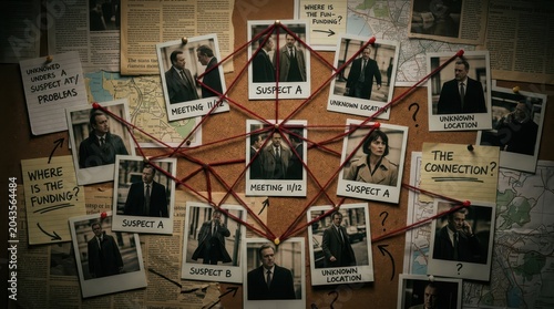 Conspiracy theory investigation board with photos red string and handwritten notes