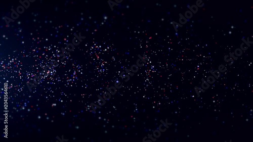 Glowing red white and blue particle field on dark background, abstract celebration animation