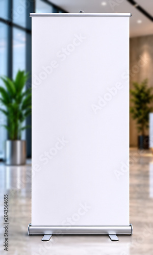 Quadro su tela Blank Roll-Up Banner Stand Mockup in Elegant Office Lobby with Blurred Backgroun
