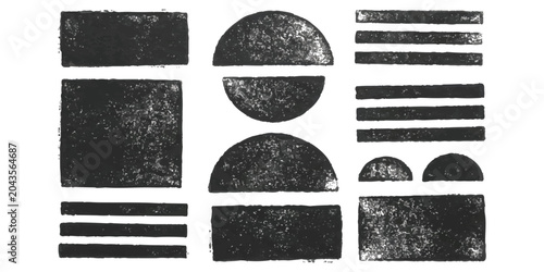Obraz na płótnie Set of black geometric shapes with hand drawn ink texture including squares circ