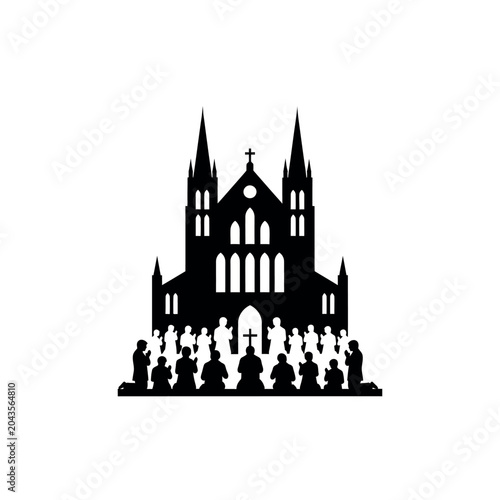 Foto Silhouette of a church with a congregation praying outside.
