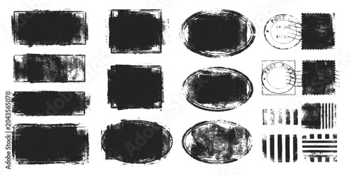 Fotografie Collection of black grunge rubber stamp frames and ink blot shapes for vintage p