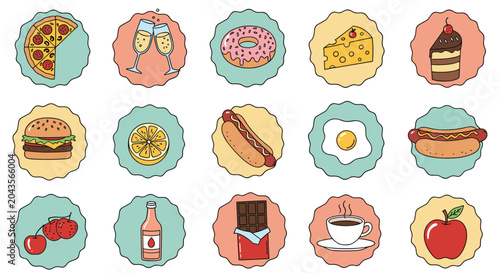 Collection of various hand drawn food icons including pizza, donuts, burgers, and drinks set in decorative circular frames.