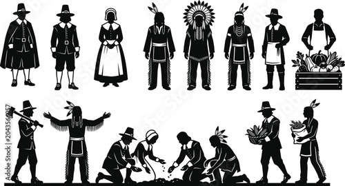 Foto Historic Indigenous and Early Settler Farming Silhouette Collection with Harvest