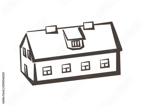 Hand drawn house icon with windows, roof and chimney in simple sketch style. The illustration represents home ownership, residential property and domestic living.