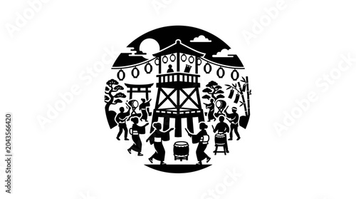Fotografie A circular illustration depicting a traditional Japanese Bon Odori summer festival dance