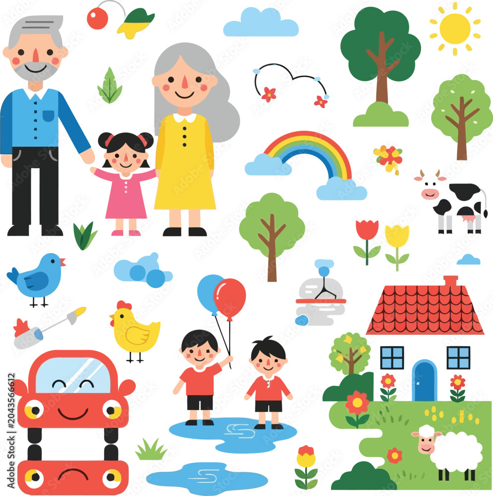 Fototapeta premium Colorful cartoon family and children outdoor activity illustration set with houses, trees, animals and school elements