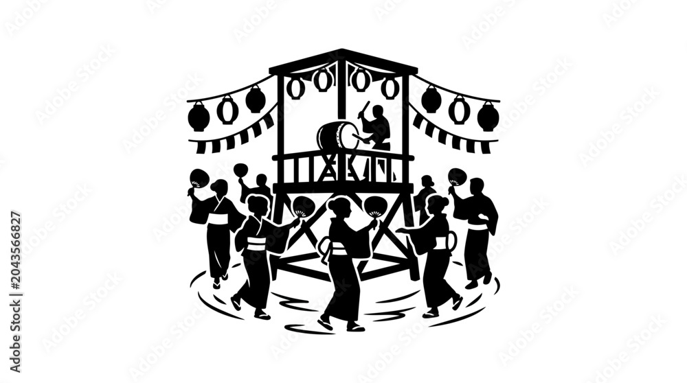 Obraz premium A black and white illustration of people dancing around a traditional Japanese festival tower.