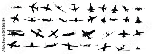 Collection of various airplane silhouettes isolated on white background