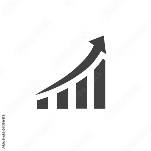 A minimalist, solid grey vector icon featuring a rising bar chart with an upward arrow, symbolizing business growth, financial success, and positive market performance.