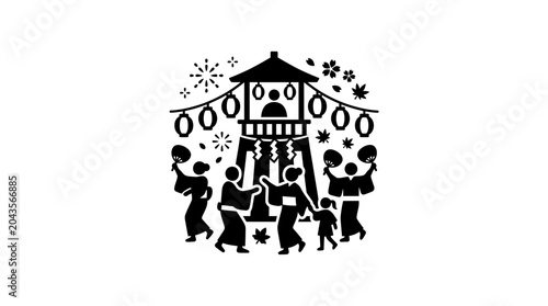 Obraz na plátne People dancing in traditional Japanese yukata at a summer festival with a yagura tower
