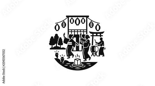 Photos A stylized black and white illustration of people performing a traditional Japanese Bon Odori dance