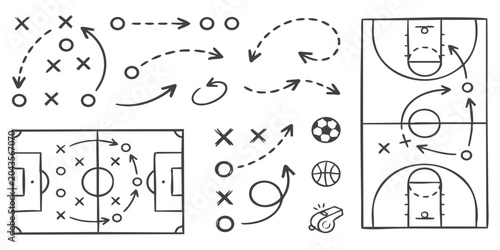 Hand drawn soccer and basketball tactics board strategy play diagrams with arrows and sports equipment icons