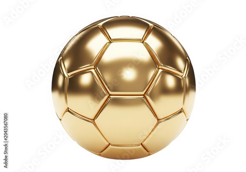 Golden soccer ball 3d render isolated on transparent background for sports trophy win.