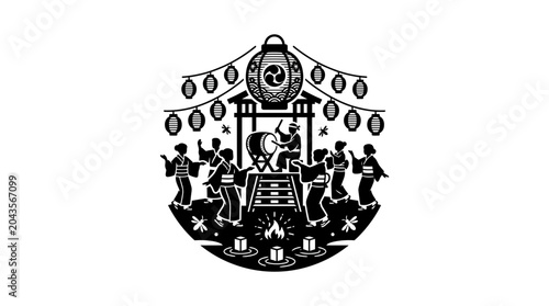 Foto Black and white illustration of a traditional Japanese Bon Odori festival dance