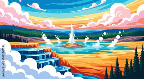 Bilde på lerret Vibrant vector illustration of Grand Prismatic Spring with geyser erupting and d