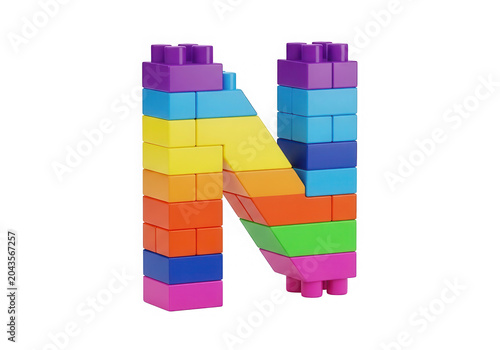 Letter n made of colorful toy bricks isolated on transparent background for kids play.