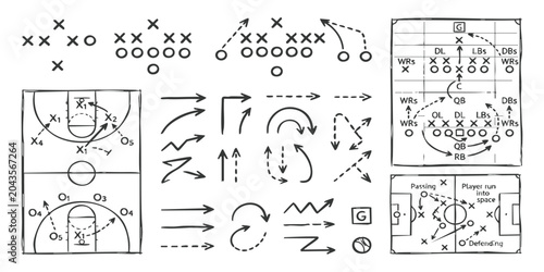Hand drawn sports tactics diagrams with football and basketball plays and movement arrows for strategy plan