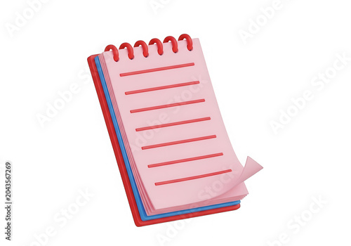 Pink spiral notepad 3d illustration for school education isolated on transparent layer.