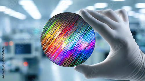 Gloved hand holding a mirror finish silicon wafer reflecting colorful diffraction patterns in a softly lit semiconductor cleanroom